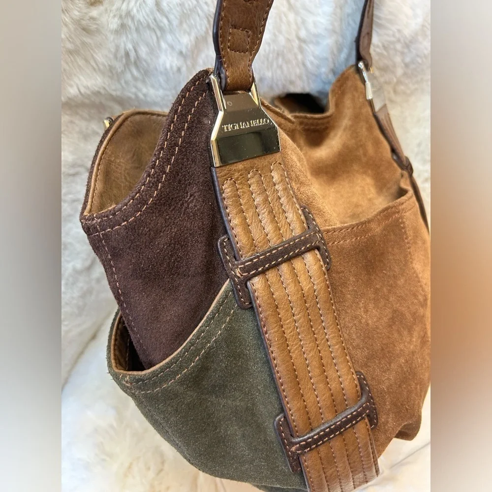 Tignanello brown suede leather colorblock shoulder bag purse w magnetic snap. H